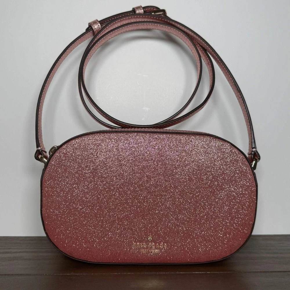 Kate Spade Crossbody Bag Glimmer Pink Glitter Oval Camera Bag Small NWT
